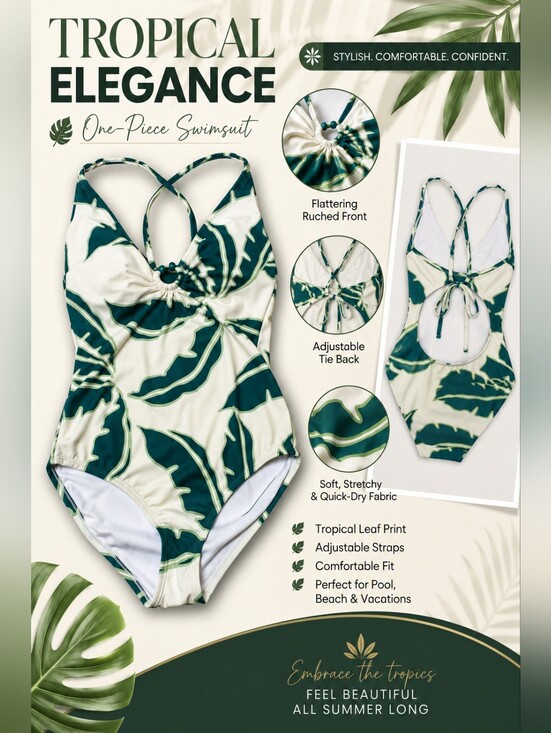 Shade & Shore Other - Shade & Shore Cream One-Piece Swimsuit with Green Leaf Print